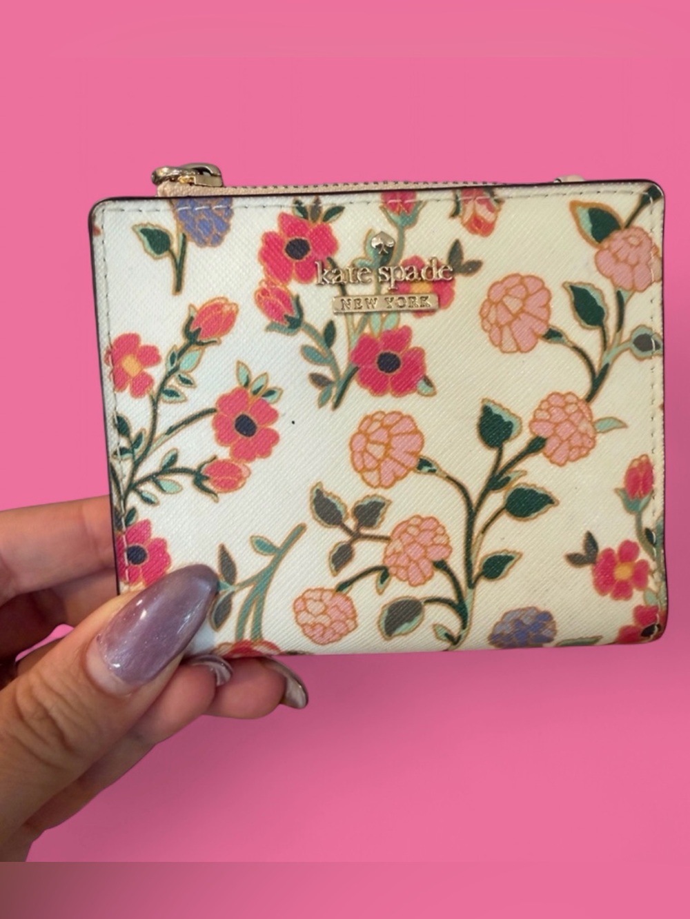 kate spade cream floral zip card wallet with pink & green accents